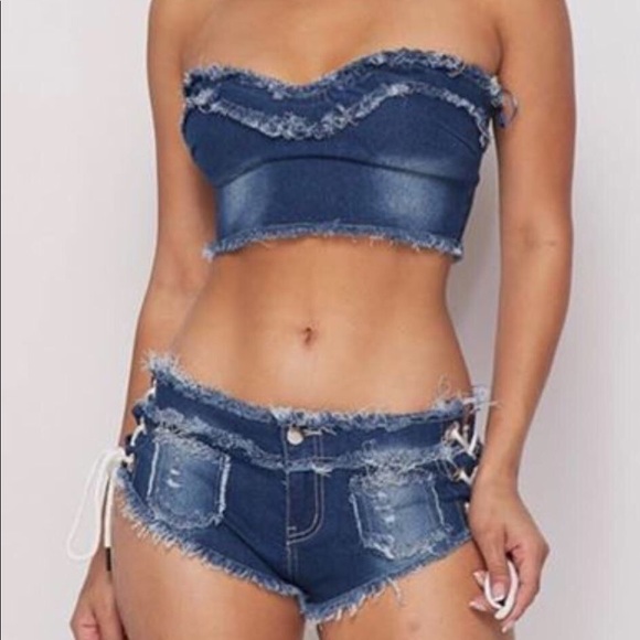 denim crop top and shorts set